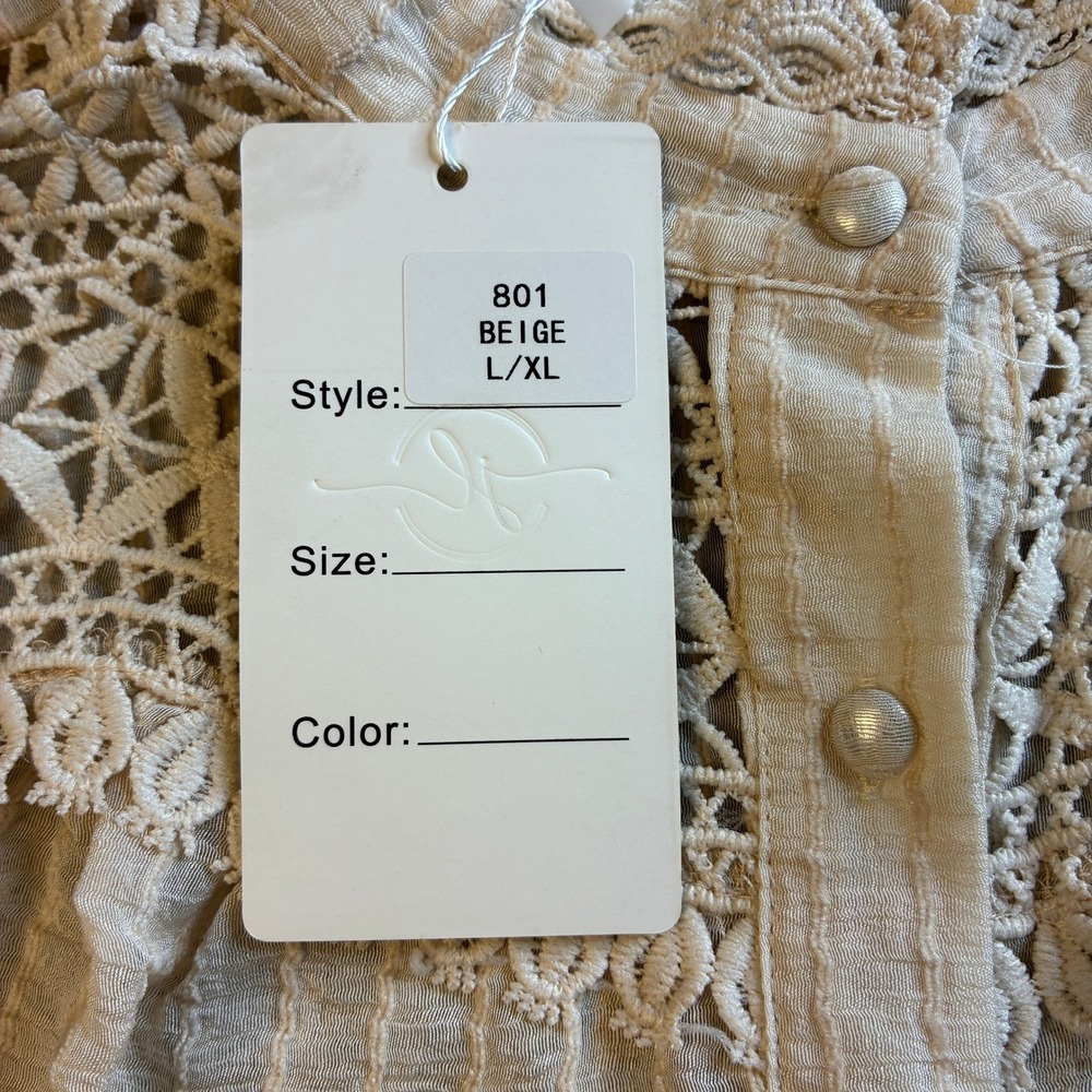 NWT Jollya Paris Beige Crochet Lace Boho Blouse Balloon Sleeve Button Front L/XL - Picture 11 of 16